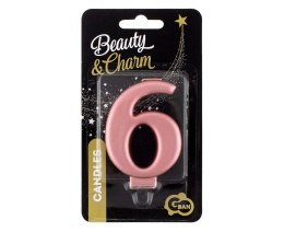 Świeczka cyferka 6, metalik Rose Gold, 8 cm