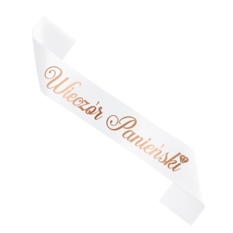 Szarfa biała z napisem Wieczór Panieński w kolorze Rose Gold, 160cm Szarfa biała z napisem Wieczór Panieński w kolorze Rose Gold, 160cm