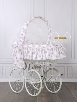 Wiklinowy kosz Mojżesza Retro ze składaną budką Mia - biały + biało - różowa pościel