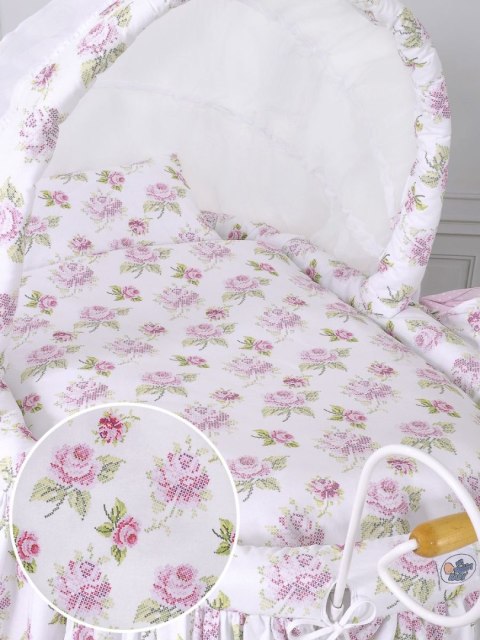 Wiklinowy kosz Mojżesza Retro ze składaną budką Mia - biały + biało - różowa pościel