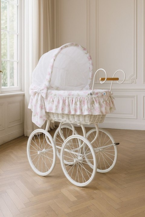 Wiklinowy kosz Mojżesza Retro ze składaną budką Mia - biały + biało - różowa pościel