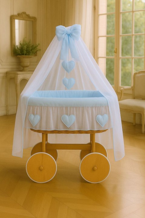 Wiklinowy kosz Mojżesza z baldachimem Deluxe Amelia - naturalny + niebieska pościel