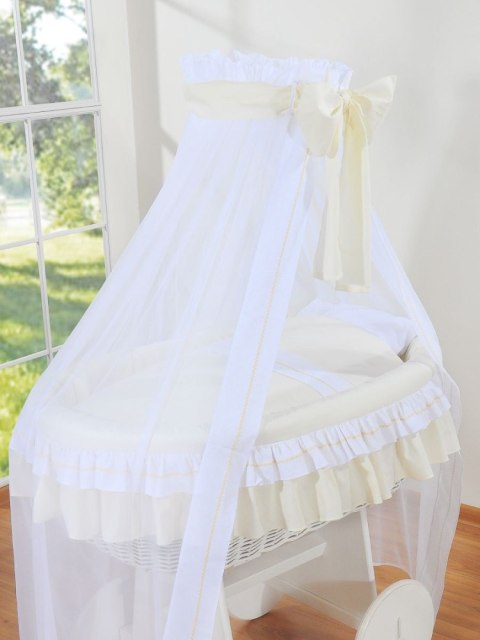 Wiklinowy kosz Mojżesza z baldachimem Deluxe Bellamy - biały + kremowa pościel