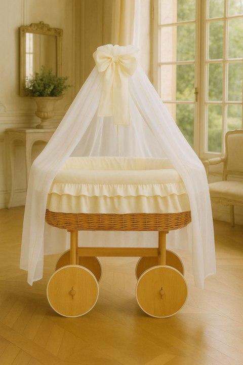 Wiklinowy kosz Mojżesza z baldachimem Deluxe Bellamy - naturalny + kremowa pościel