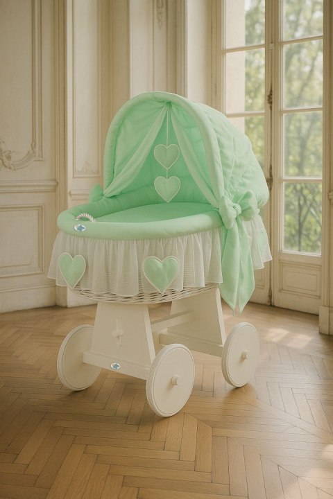 Wiklinowy kosz Mojżesza ze składaną budką Amelia - biały + miętowa pościel