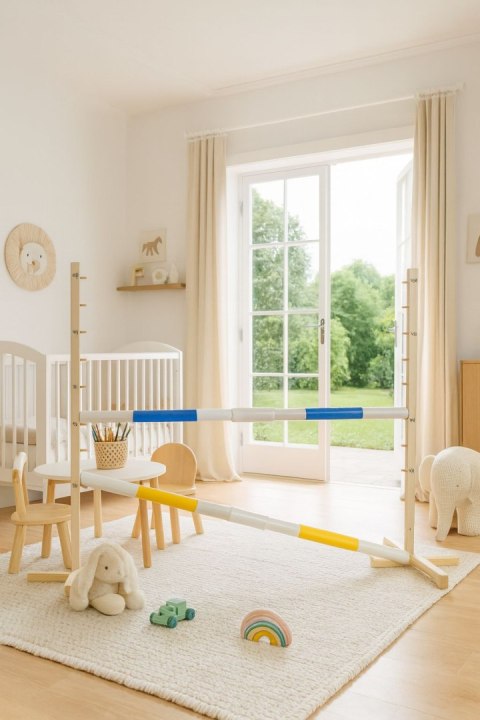 Przeszkoda skokowa do Hobby Horse 160cm, h-120 cm, dwie belki - niebieska i żółta