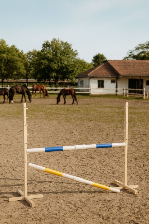 Przeszkoda skokowa do Hobby Horse 160cm, h-120 cm, dwie belki - niebieska i żółta