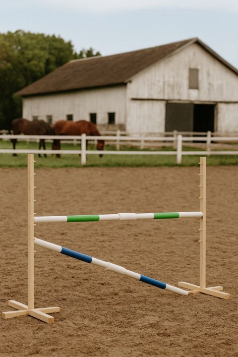 Przeszkoda skokowa do Hobby Horse 160cm, h-120 cm, dwie belki zielona i niebieska