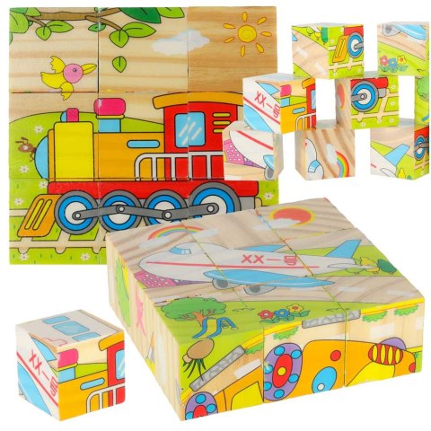 Klocki drewniane edukacyjne puzzle układanka kostki Pojazdy 6w1 9el. Klocki drewniane edukacyjne puzzle układanka kostki Pojazdy 6w1 9el.