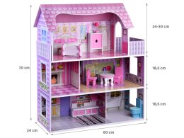RÓŻOWY Drewniany domek dla lalek + mebelki + oświetlenie LED ZA4130