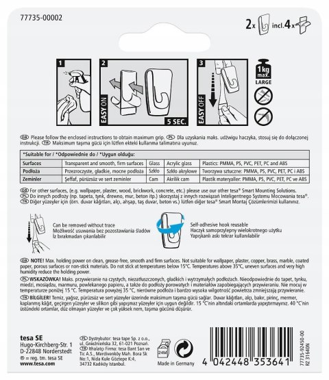 Haczyk dekoracyjny samoprzylepny TESA 1kg. ( 2sztuki) przezroczysty 77735-00002-00 TS Haczyk dekoracyjny samoprzylepny TESA 1kg. ( 2sztuki) przezroczysty 77735-00002-00 TS
