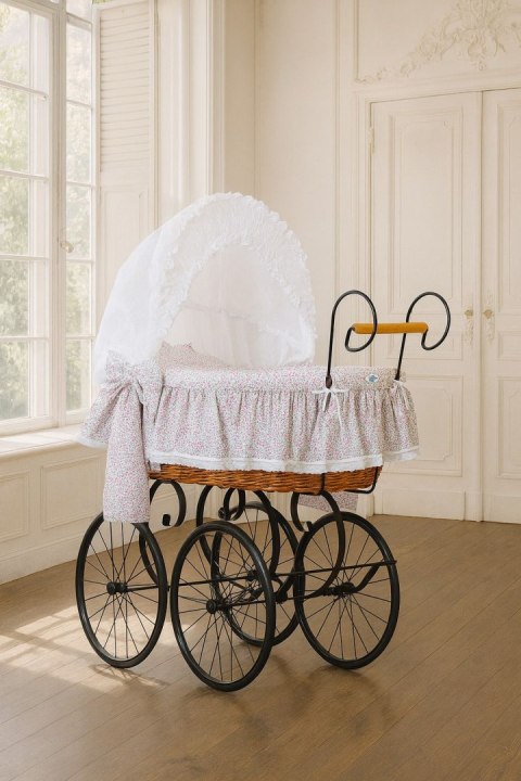 Kosz Mojżesza Retro Jasmine - Naturalny + różowo-biała pościel z białą haftowaną koronką Kosz Mojżesza Retro Jasmine - Naturalny + różowo-biała pościel z białą haftowaną koronką