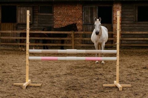 Przeszkoda skokowa do Hobby Horse 160cm, h-120 cm, dwie belki - beżowa i jasny róż Przeszkoda skokowa do Hobby Horse 160cm, h-120 cm, dwie belki - beżowa i jasny róż