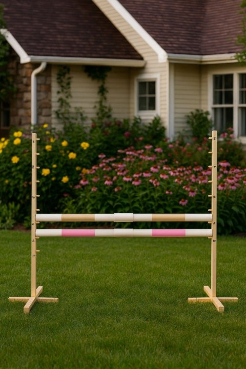 Przeszkoda skokowa do Hobby Horse 160cm, h-120 cm, dwie belki - beżowa i jasny róż Przeszkoda skokowa do Hobby Horse 160cm, h-120 cm, dwie belki - beżowa i jasny róż