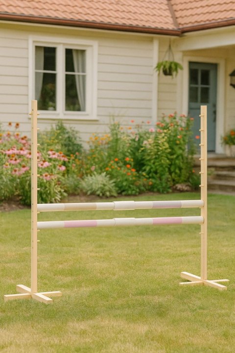 Przeszkoda skokowa do Hobby Horse 160cm, h-120 cm, dwie belki - beżowa i jasny róż Przeszkoda skokowa do Hobby Horse 160cm, h-120 cm, dwie belki - beżowa i jasny róż