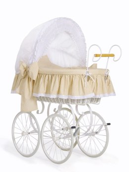 Wiklinowy kosz Mojżesza Retro ze składaną budką Christine - biały + beżowa pościel z koronką