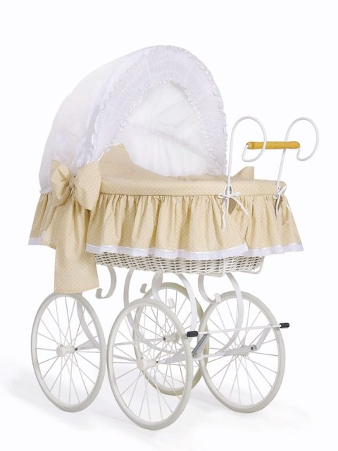 Wiklinowy kosz Mojżesza Retro ze składaną budką Christine - biały + beżowa pościel z koronką Wiklinowy kosz Mojżesza Retro ze składaną budką Christine - biały + beżowa pościel z koronką