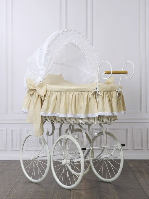 Wiklinowy kosz Mojżesza Retro ze składaną budką Christine - biały + beżowa pościel z koronką Wiklinowy kosz Mojżesza Retro ze składaną budką Christine - biały + beżowa pościel z koronką