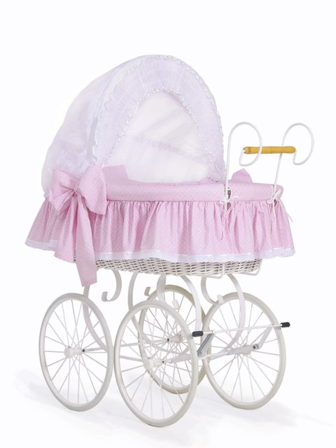 Wiklinowy kosz Mojżesza Retro ze składaną budką Christine - biały + różowa pościel z koronką