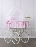 Wiklinowy kosz Mojżesza Retro ze składaną budką Christine - biały + różowa pościel z koronką