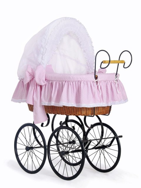 Wiklinowy kosz Mojżesza Retro ze składaną budką Christine - naturalny + różowa pościel z koronką Wiklinowy kosz Mojżesza Retro ze składaną budką Christine - naturalny + różowa pościel z koronką