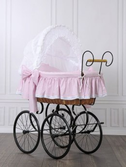 Wiklinowy kosz Mojżesza Retro ze składaną budką Christine - naturalny + różowa pościel z koronką