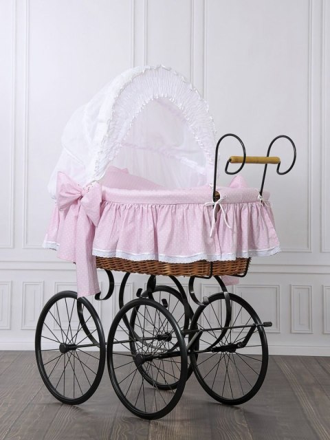 Wiklinowy kosz Mojżesza Retro ze składaną budką Christine - naturalny + różowa pościel z koronką Wiklinowy kosz Mojżesza Retro ze składaną budką Christine - naturalny + różowa pościel z koronką