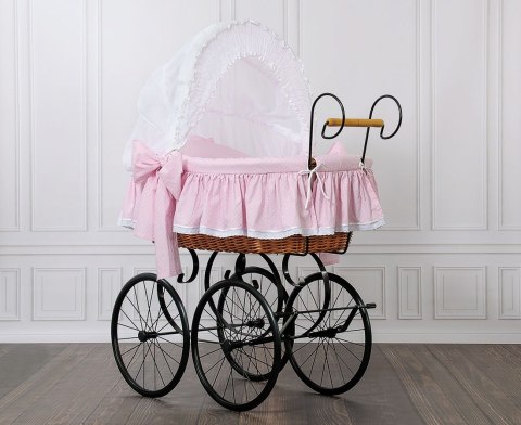 Wiklinowy kosz Mojżesza Retro ze składaną budką Christine - naturalny + różowa pościel z koronką Wiklinowy kosz Mojżesza Retro ze składaną budką Christine - naturalny + różowa pościel z koronką