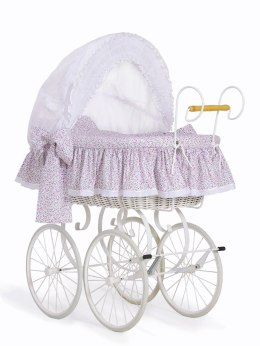 Wiklinowy kosz Mojżesza Retro ze składaną budką Jasmine - biały + różowa pościel z koronką