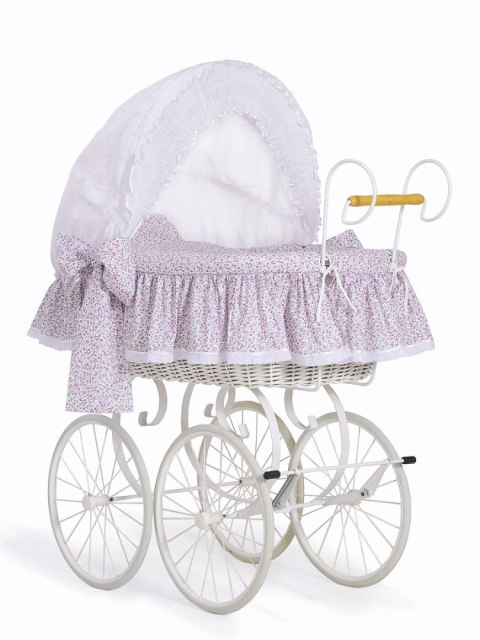 Wiklinowy kosz Mojżesza Retro ze składaną budką Jasmine - biały + różowa pościel z koronką Wiklinowy kosz Mojżesza Retro ze składaną budką Jasmine - biały + różowa pościel z koronką
