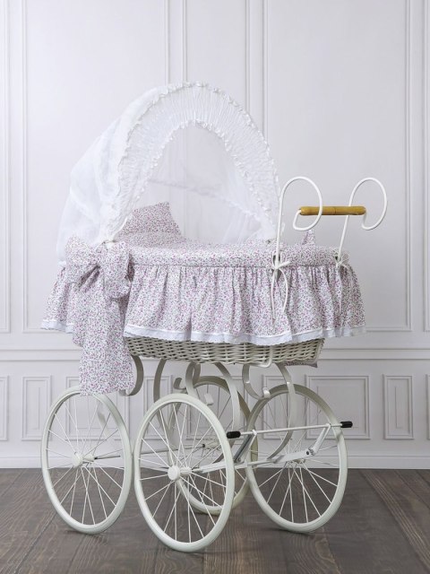 Wiklinowy kosz Mojżesza Retro ze składaną budką Jasmine - biały + różowa pościel z koronką Wiklinowy kosz Mojżesza Retro ze składaną budką Jasmine - biały + różowa pościel z koronką