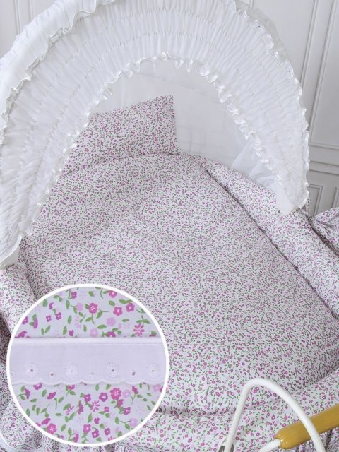 Wiklinowy kosz Mojżesza Retro ze składaną budką Jasmine - biały + różowa pościel z koronką Wiklinowy kosz Mojżesza Retro ze składaną budką Jasmine - biały + różowa pościel z koronką