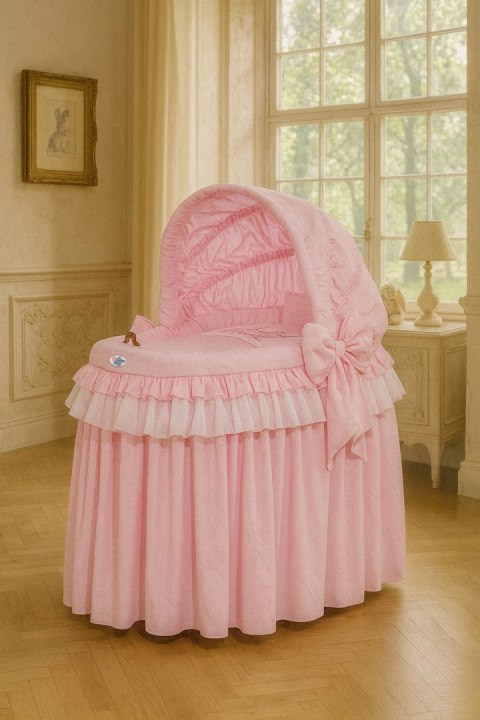 Kosz Mojżesza wiklinowy ze składaną budką- Little Princess różowa