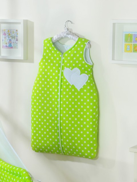 Śpiworek dla dzieci bawełniany M 6-12 mcy TOG 2.5 całoroczny ocieplany serduszka grochy na zielonym Śpiworek dla dzieci bawełniany M 6-12 mcy TOG 2.5 całoroczny ocieplany serduszka grochy na zielonym