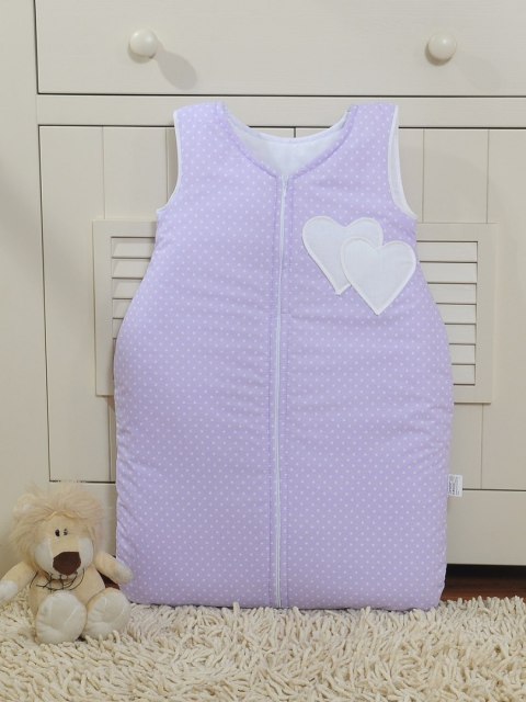 Śpiworek niemowlęcy- Wiszące serduszka kropki na fiolecie