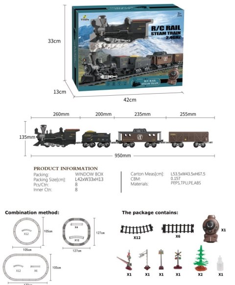 Transportowa Kolejka Retro z Funkcją Świateł, Dźwięku i Dymu 172cm Transportowa Kolejka Retro z Funkcją Świateł, Dźwięku i Dymu 172cm