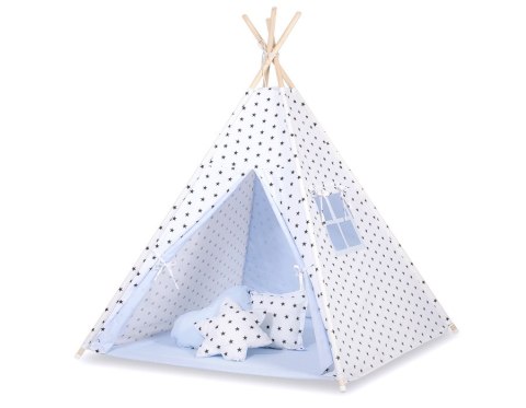 Namiot TIPI dla dzieci +mata + zawieszki pióra - Czarne gwiazdki/niebieski Namiot TIPI dla dzieci +mata + zawieszki pióra - Czarne gwiazdki/niebieski
