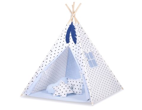 Namiot Tipi dla dzieci + zawieszki pióra - Czarne gwiazdki/niebieski Namiot Tipi dla dzieci + zawieszki pióra - Czarne gwiazdki/niebieski