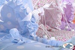 Wiklinowy wózek dla lalek wysoki z błękitną pościelką i wyściółką- naturalny