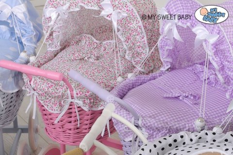 Wiklinowy wózek dla lalek wysoki z różową pościelką i wyściółką- naturalny