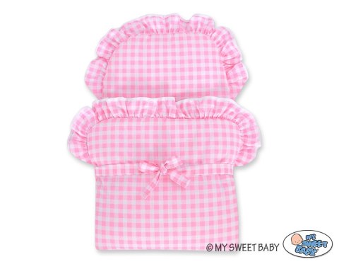 Wiklinowy wózek dla lalek wysoki z różową pościelką i wyściółką- naturalny