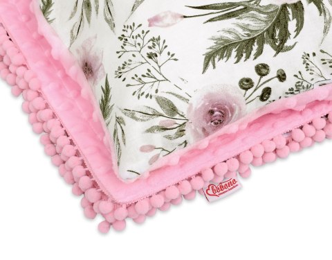 Komplet: Dwustronny kocyk bawełna z minky i poduszka - peonie różowe Komplet: Dwustronny kocyk bawełna z minky i poduszka - peonie różowe