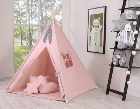 Namiot TIPI dla dzieci + mata + poduszki + zawieszki pióra - brudny róż Namiot TIPI dla dzieci + mata + poduszki + zawieszki pióra - brudny róż