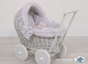 Wiklinowy wózek dla lalek pchacz szary z szarą pościelką i miękką wyściółką