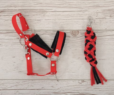 Zestaw do Hobby Horse: kantar A3 z czarnym futerkiem + uwiąz ze sznurka - czarno-czerwony Zestaw do Hobby Horse: kantar A3 z czarnym futerkiem + uwiąz ze sznurka - czarno-czerwony